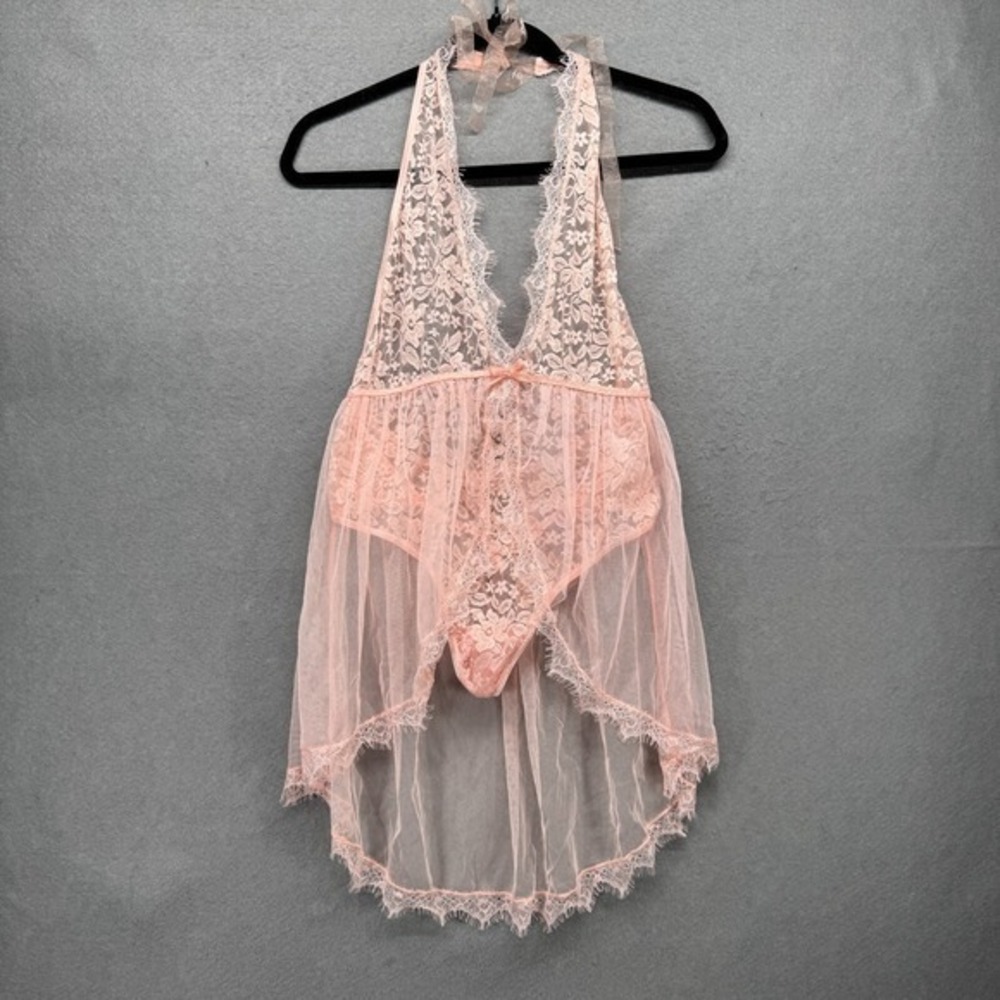 Dreamgirl O/S Halter Plunge Lace Teddy with Attached Flyaway Skirt Pink‎ 11513 - Picture 2 of 11
